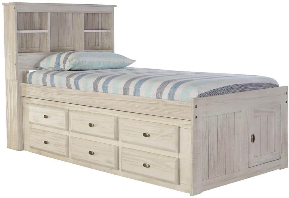 OS Home and Office Furniture Light Ash Series Gray Twin Size Captain's Bed with Twelve Drawers and Bookcase Headboard