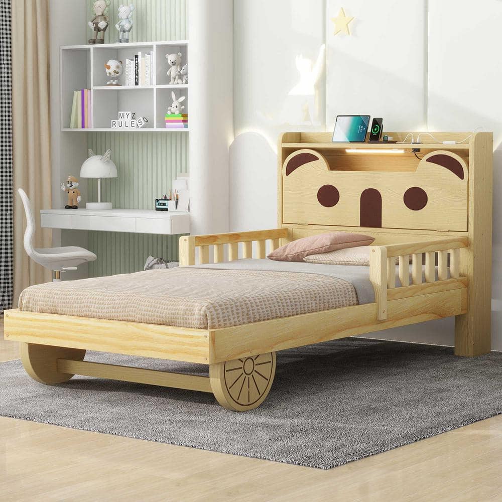 Harper & Bright Designs Natural Wood Twin Bear-Shaped Kids Bed, Platform Bed with Hidden Storage Headboard, USB, LED Lights