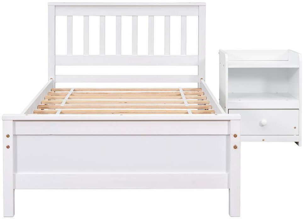 Huluwat White Pine Wood Frame Twin Size Platform Bed with Nightstand for Kids, Teens, Adults