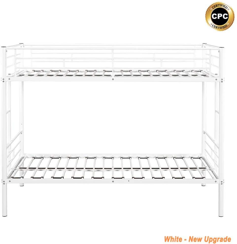 YOFE White Metal Bed Frame Twin Over Twin Bunk Bed with Full-Length Guard Rails for Boys, Girls, Kids, Teens, Adults