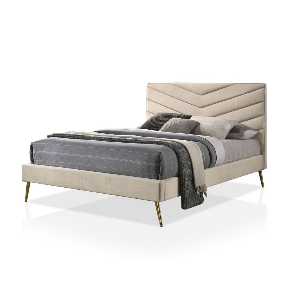 Furniture of America Stateridge Beige Polyester Frame Eastern King Platform Bed with Padded Headboard and Care Kit