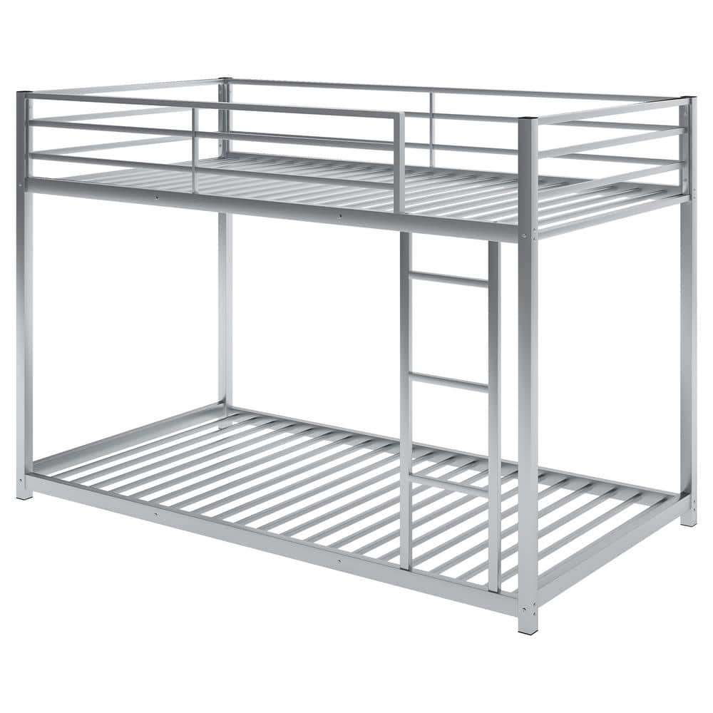 ANBAZAR Silver Twin Over Twin Low Bunk Bed with Ladder, Sturdy Metal Frame with Safety Rails
