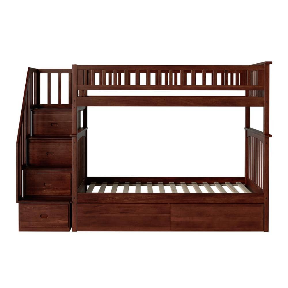 AFI Columbia Walnut Twin over Twin Heavy Duty Wood Staircase Bunk Bed with 2-Under Bed Storage Drawers
