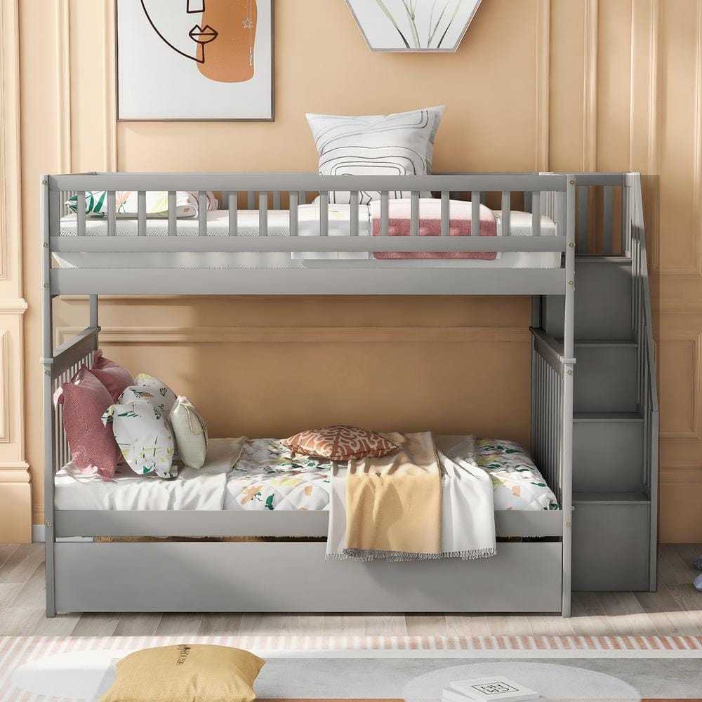 ANBAZAR Gray Full Over Full Wood Bunk Bed With Stairs and Trundle, Detachable Full Kids Bunk Beds with Book Shelves