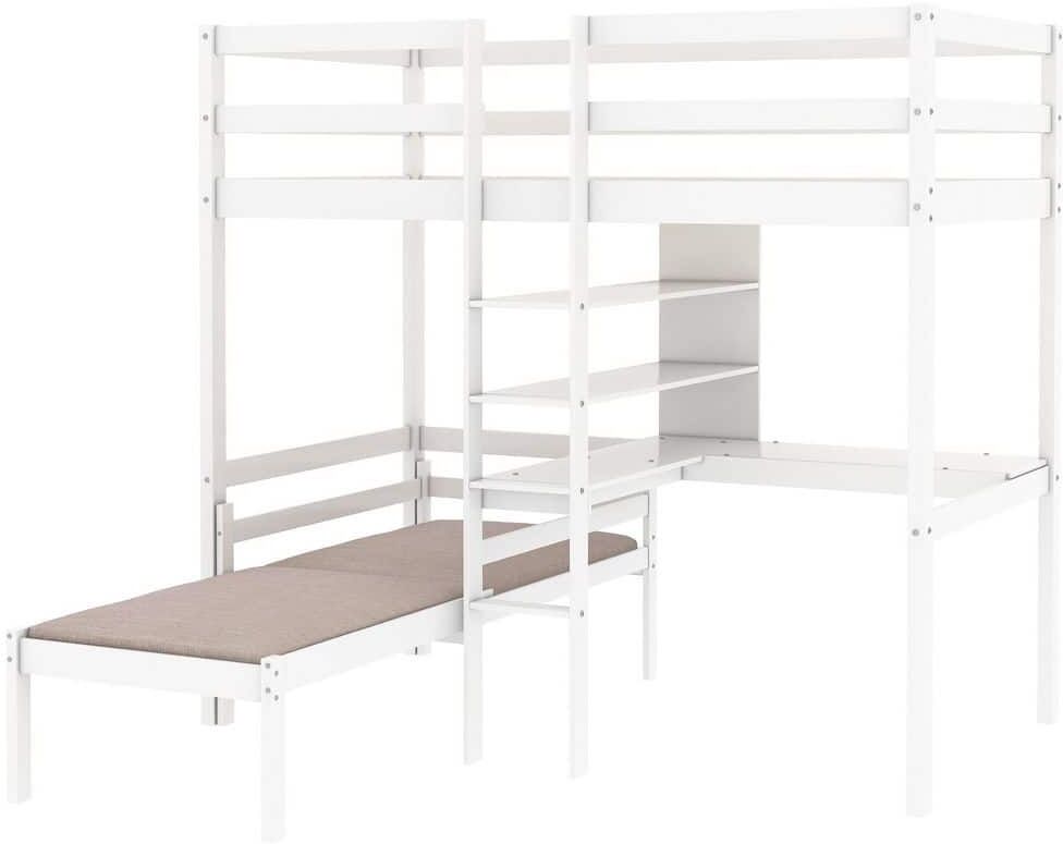 ANBAZAR Twin Kids Loft Bed with L-Shaped Desk and Convertible Bed, Bunk Bed with Storage Shelves and Ladders, White