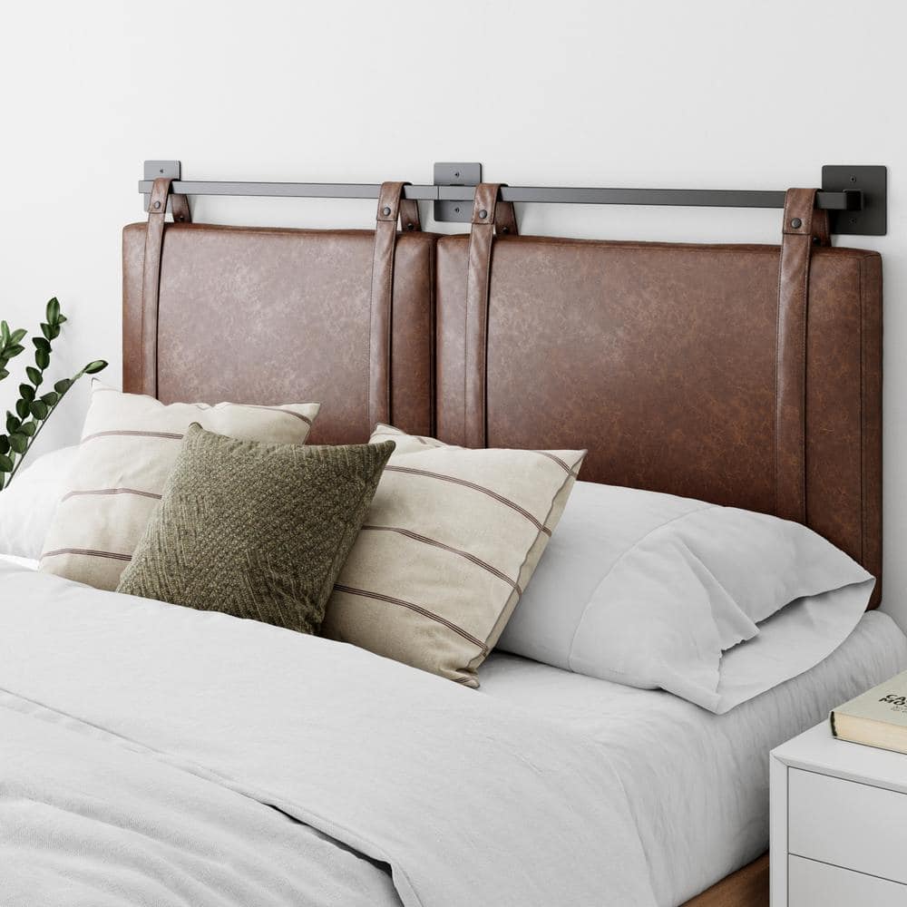 Nathan James Harlow 62 in. Vintage Brown Queen Wall Mount Faux Leather Upholstered Headboard Adjustable Straps and Black Metal Rail