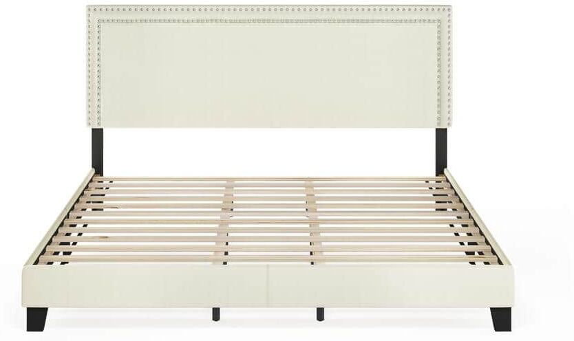 Furinno Laval Linen King Double Row Nail Head Bed Frame