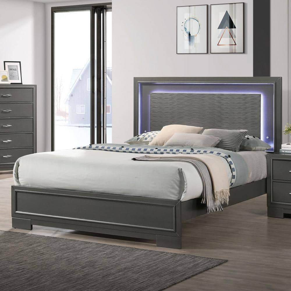 Furniture of America Jonvang Gray Wood Frame King Platform Bed with LED and Care Kit