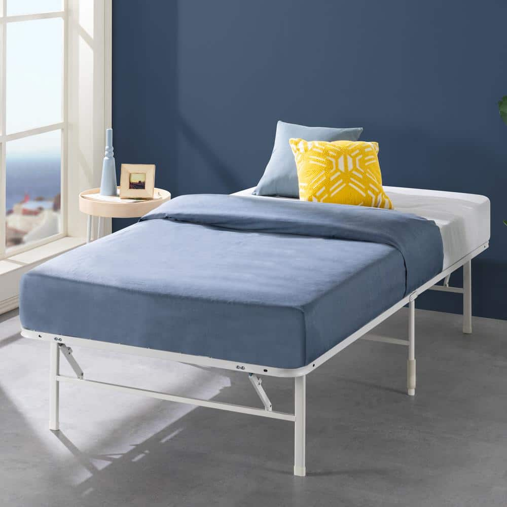 Zinus SmartBase Tool-Free Assembly White Narrow Twin Metal Bed Frame without Headboard