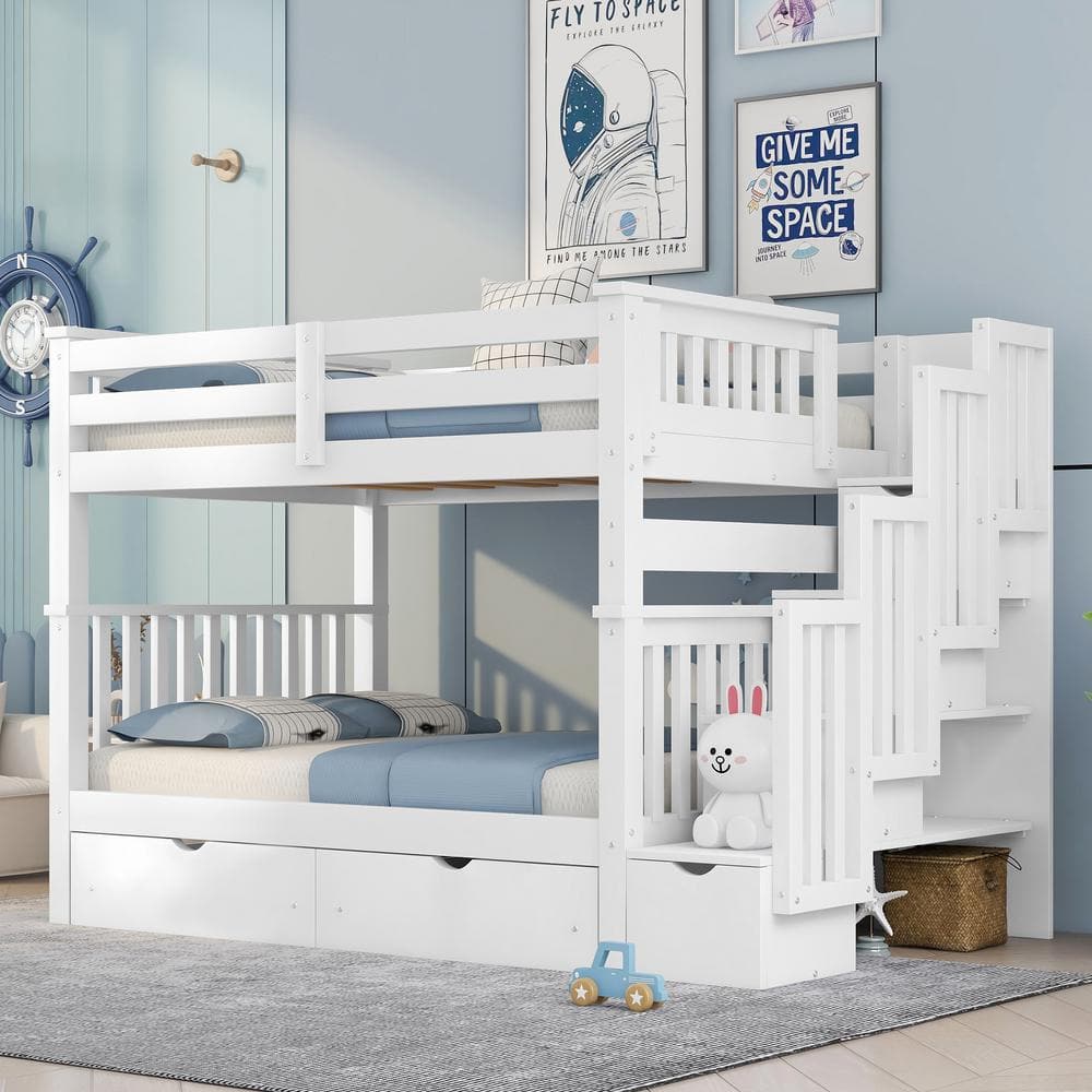 URTR White Full Over Full Bunk Beds with 6 Drawers, Stairway Bunk Bed Frame with Shelves, Detachable Wood Bed for Kids, Teens
