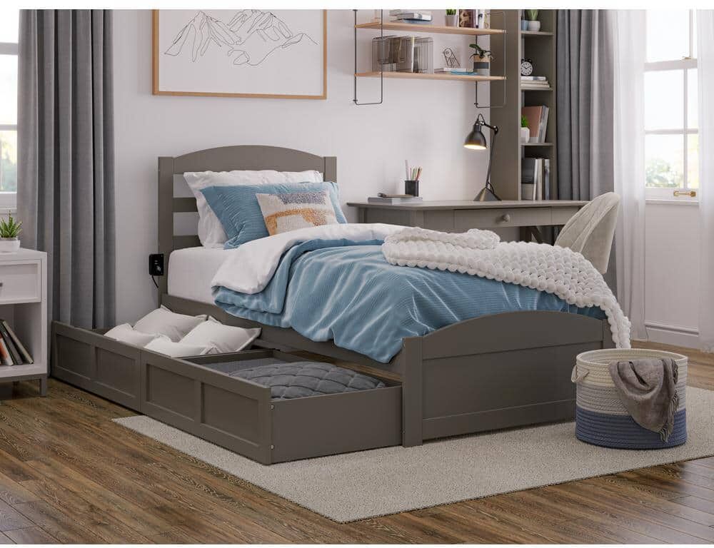 AFI Warren 38-1/4 in. W Grey Twin Solid Wood Frame with Footboard 2-Drawers and USB Device Charger Platform Bed