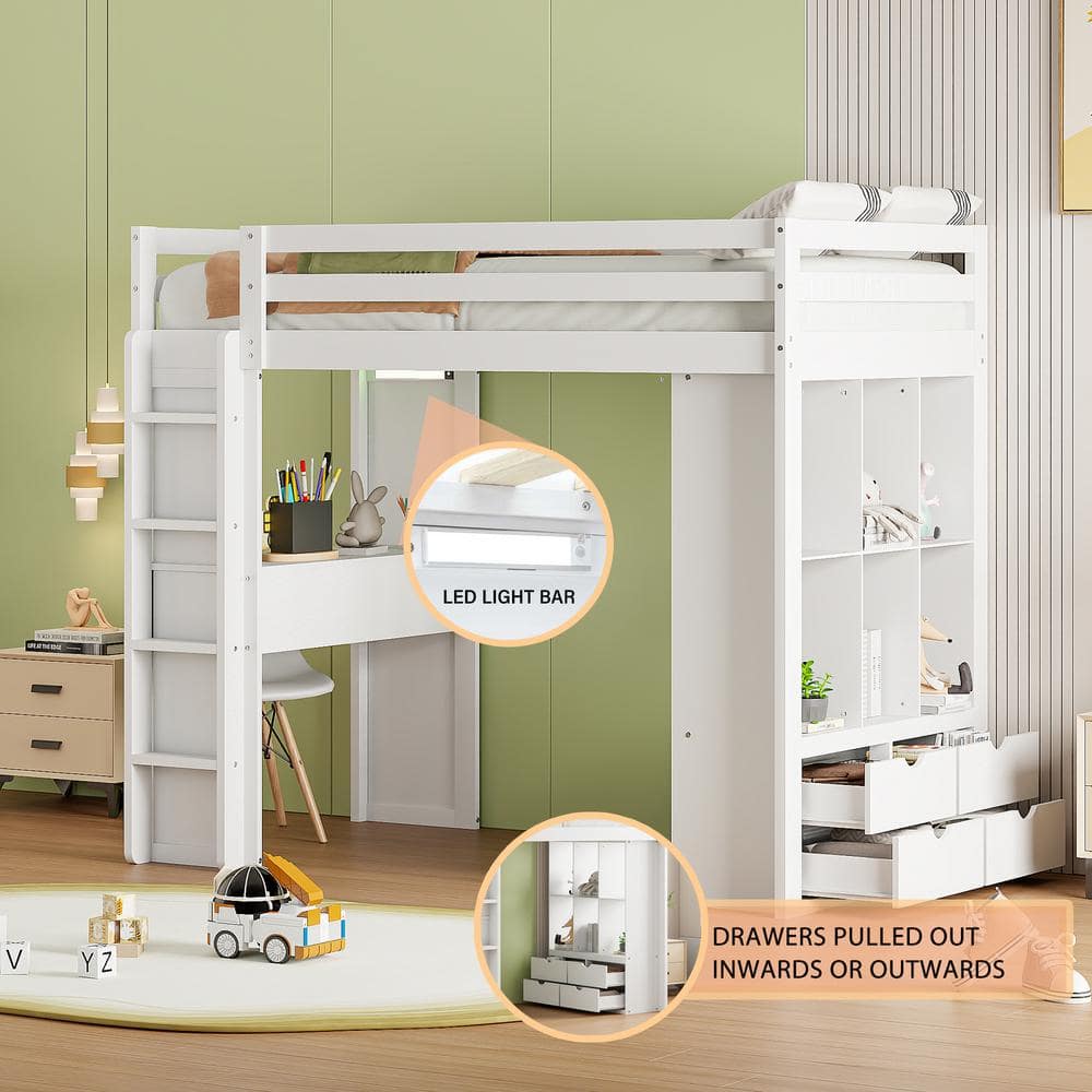 Harper & Bright Designs White Wood Twin Size Loft Bed with Multiple Shelves, 6-Drawer, Built-In Desk, LED Light