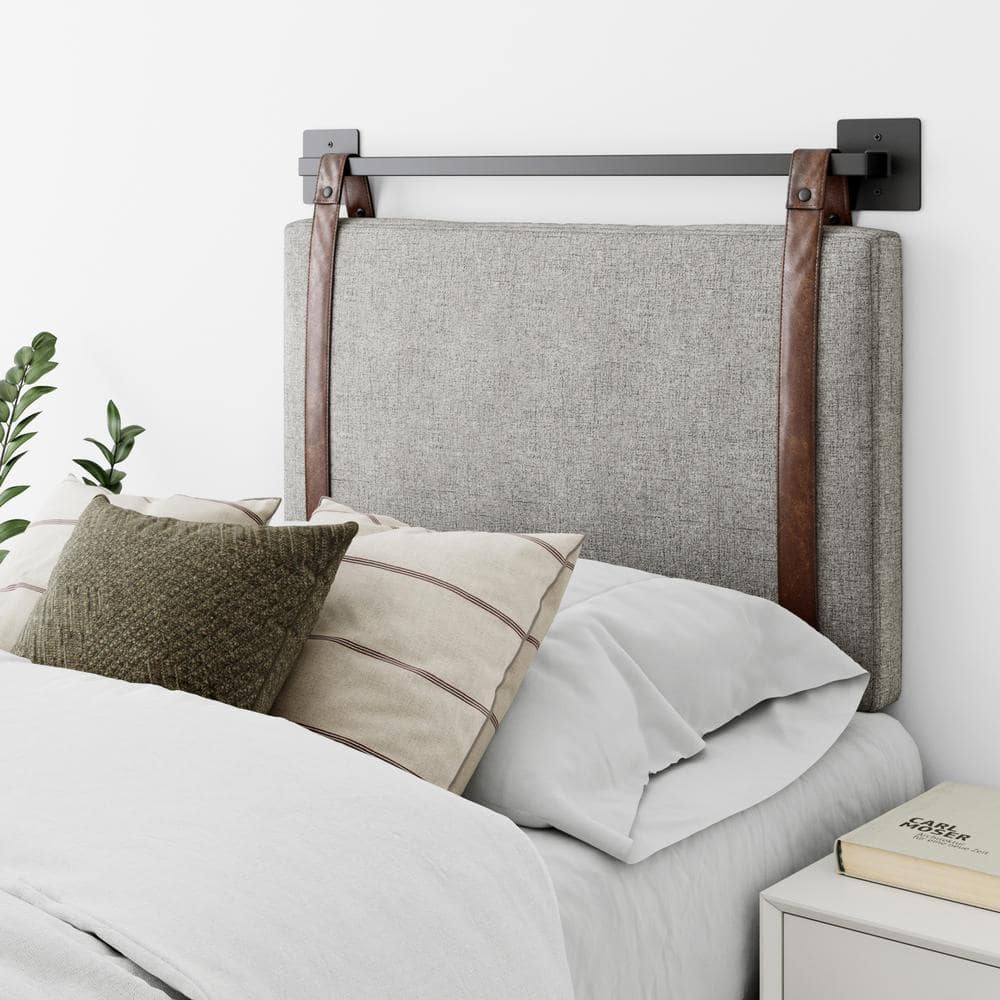 Nathan James Harlow 36 in. Twin Wall Mount Gray with Adjustable Straps and Black Metal Rail Upholstered Headboard
