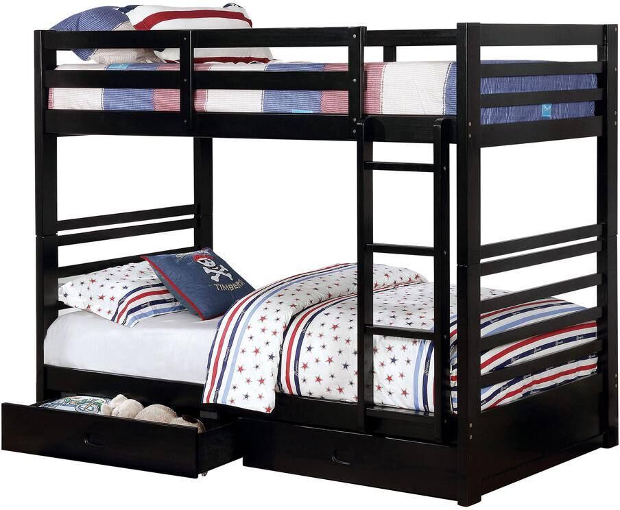 Furniture of America Daxter Black Twin over Twin Kids Bunk Bed with 2 Bottom Drawers