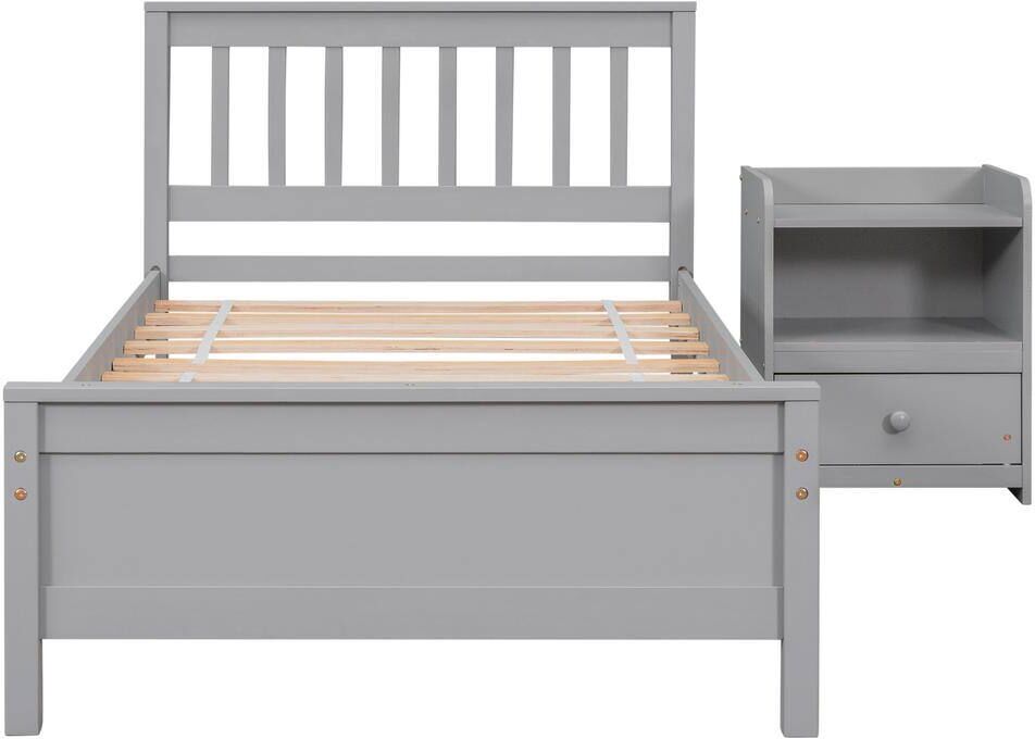 Huluwat Gray Pine Wood Frame Twin Size Platform Bed with Nightstand for Kids, Teens, Adults