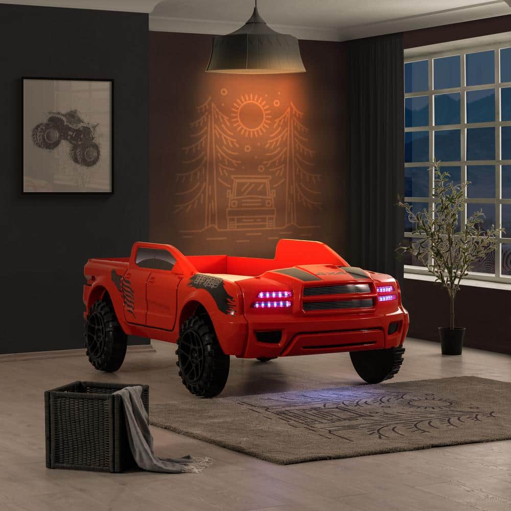 Furniture of America Justin Red Twin Rugged Pick-Up Truck Kids Bed with LED Lights