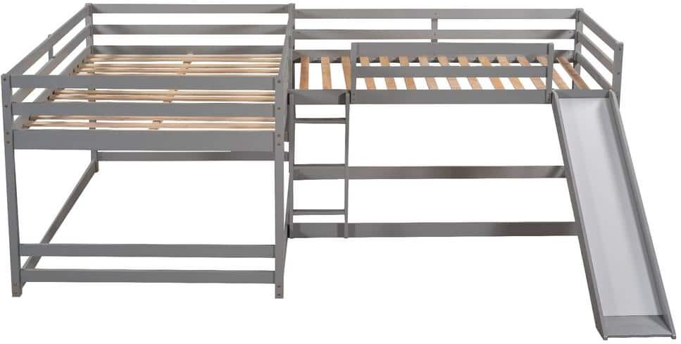 ATHMILE Gray Full and Twin Size Bunk Bed with Slide and Short Ladder