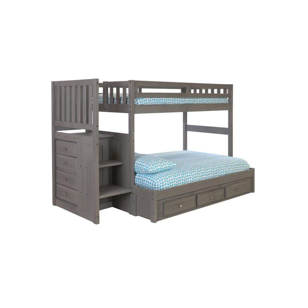 OS Home and Office Furniture Charcoal Gray Twin Over Full Staircase Bunkbed with 4-Drawer Chest and 3-Drawers Under Bed