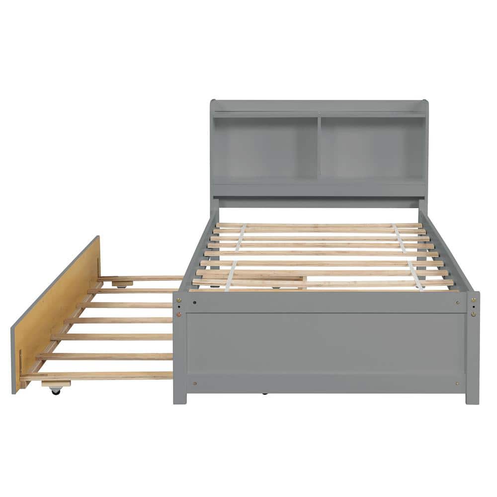 YOFE Gray Wood Frame Twin Platform Bed with Trundle Bed, Bookcase Bed for Kids/Teens/Adults Bedroom