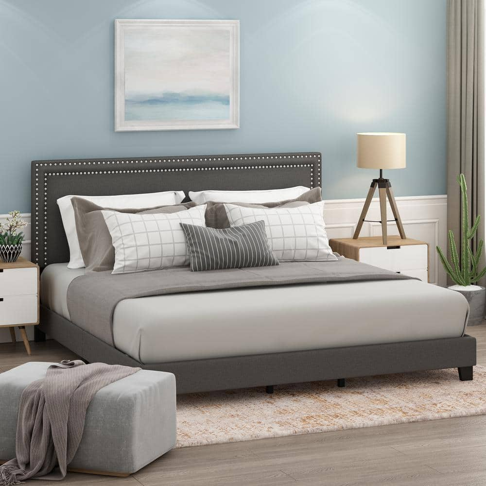 Furinno Laval Stone King Double Row Nail Head Bed Frame