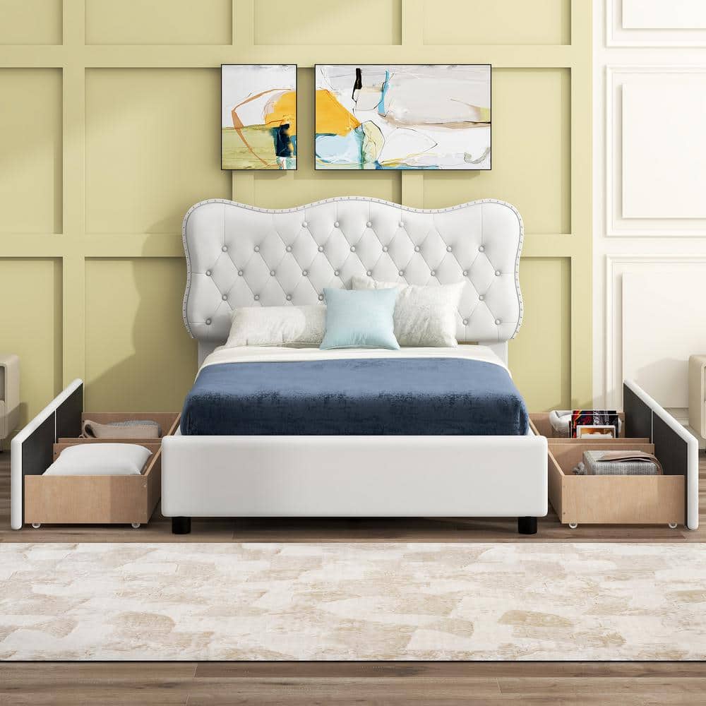 Harper & Bright Designs White Wood Frame Full Size PU Upholstered Platform Bed with Button-Tufted Headboard, 4-Drawers, Nail Head Trim