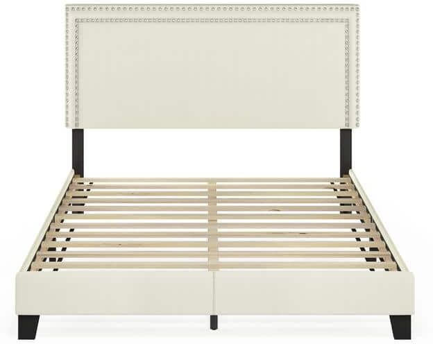 Furinno Laval Linen Queen Double Row Nail Head Bed Frame