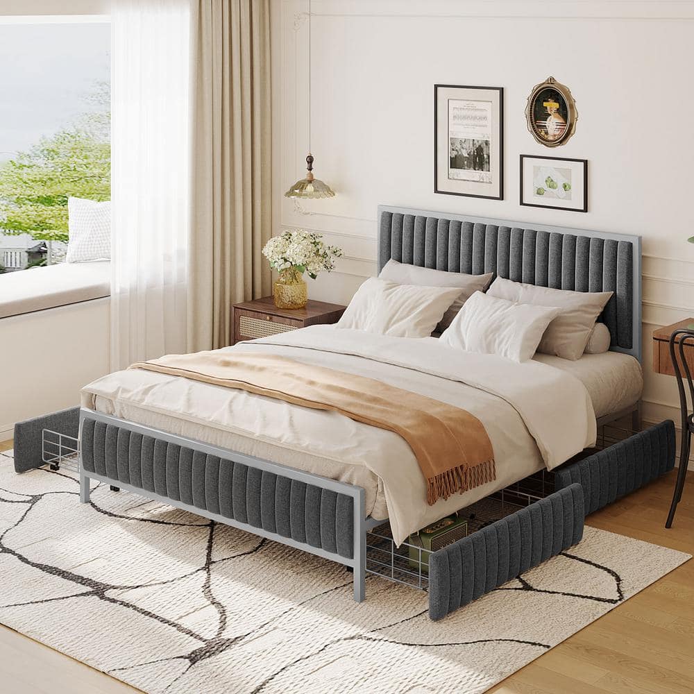 Harper & Bright Designs Channel-Tufted Gray Metal Frame Queen Size Linen Upholstered Platform Bed with 4-Drawer and Foam-Filled Headboard
