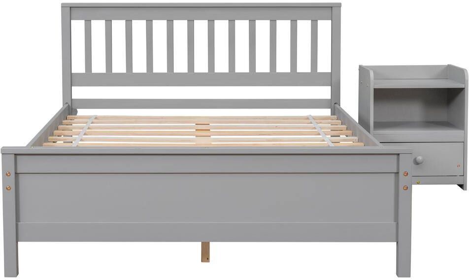 Huluwat Gray Pine Wood Frame Full Size Platform Bed with Nightstand for Kids, Teens, Adults