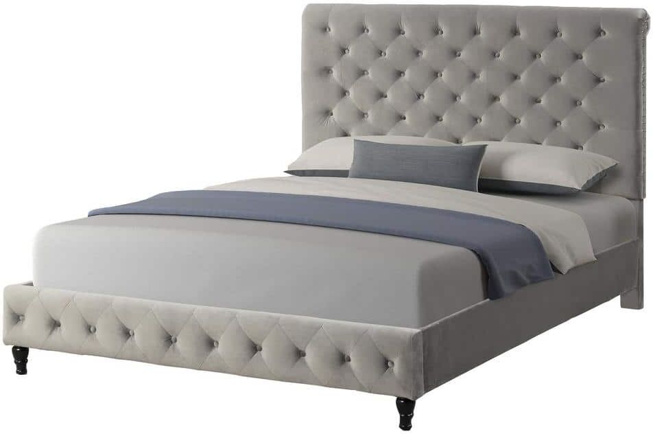 Best Master Furniture Gray Clover Velvet Queen Platform Bed with Nail Head Trim