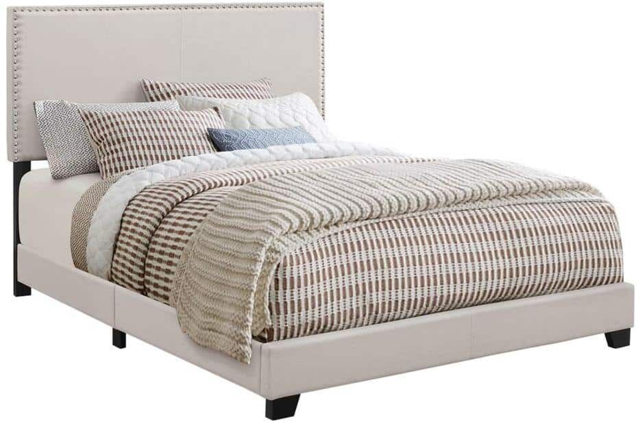 Benjara Ivory White Wooden Frame Queen Platform Bed with Nail Head Trim