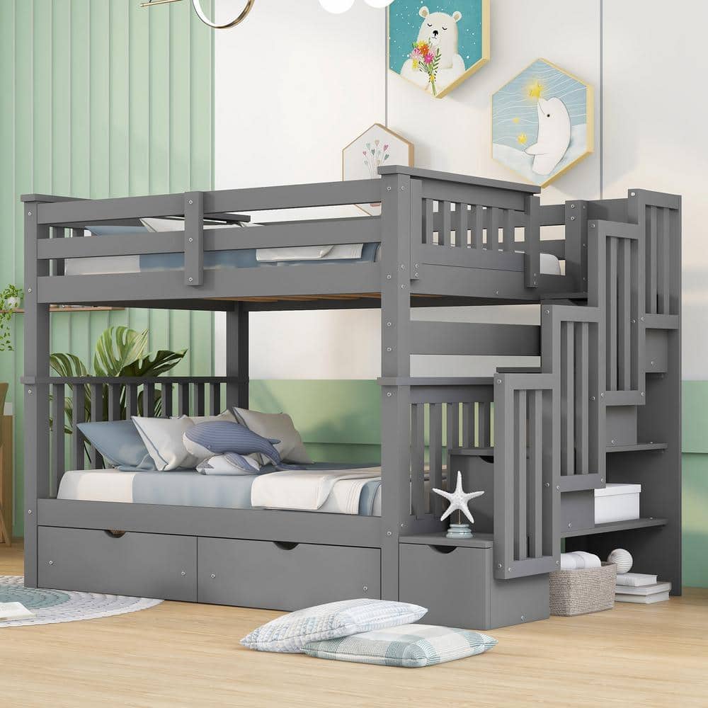 URTR Gray Full Over Full Bunk Beds with 6 Drawers, Stairway Bunk Bed Frame with Shelves, Detachable Wood Bed for Kids, Teens