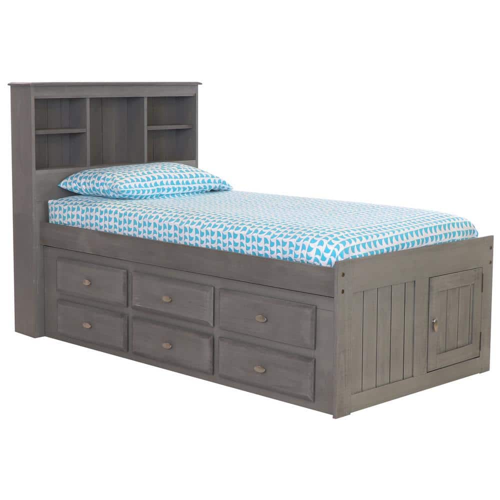 OS Home and Office Furniture Mission Charcoal Gray Twin Sized Captains Bookcase Bed with Twelve-Drawers
