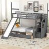 URTR Gray Twin Over Full Bunk Bed with Slide for Kids and Teenagers, Solid Wood Bunk Bed Frame with Drawers and Storage