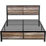VECELO Metal Bed Frame Slate Brown Metal Frame Queen Size Platform Bed with Wooden Rustic Country Style Headboard and Footboard