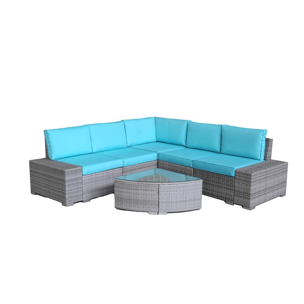 SunFurnn Gray 6-Piece PE Wicker Outdoor Garden Sectional Sofa Set with Blue Cushions