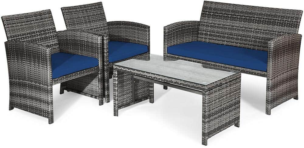 Costway 4-Piece Wicker Patio Conversation Set with Navy Cushions