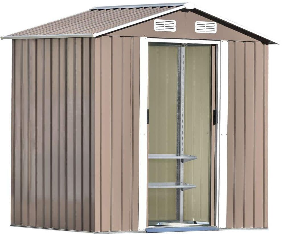 Clihome Brown 4 ft. W x 6 ft. D Metal Garden Shed Patio Storage Shed with Adjustable Shelf and Tool Cabinet (23.4 sq. ft.)