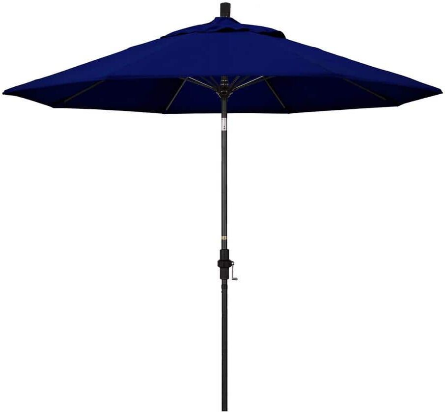 California Umbrella 9 ft. Matted Black Aluminum Collar Tilt Crank Lift Market Patio Umbrella in True Blue Sunbrella