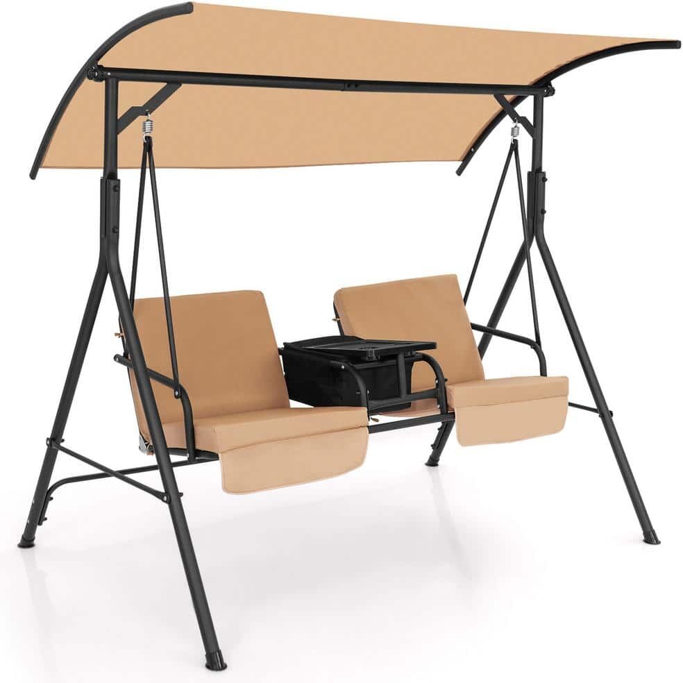 Gymax 2-Person Metal Canopy Porch Swing Padded Chair Cooler Bag Rotatable Tray Beige