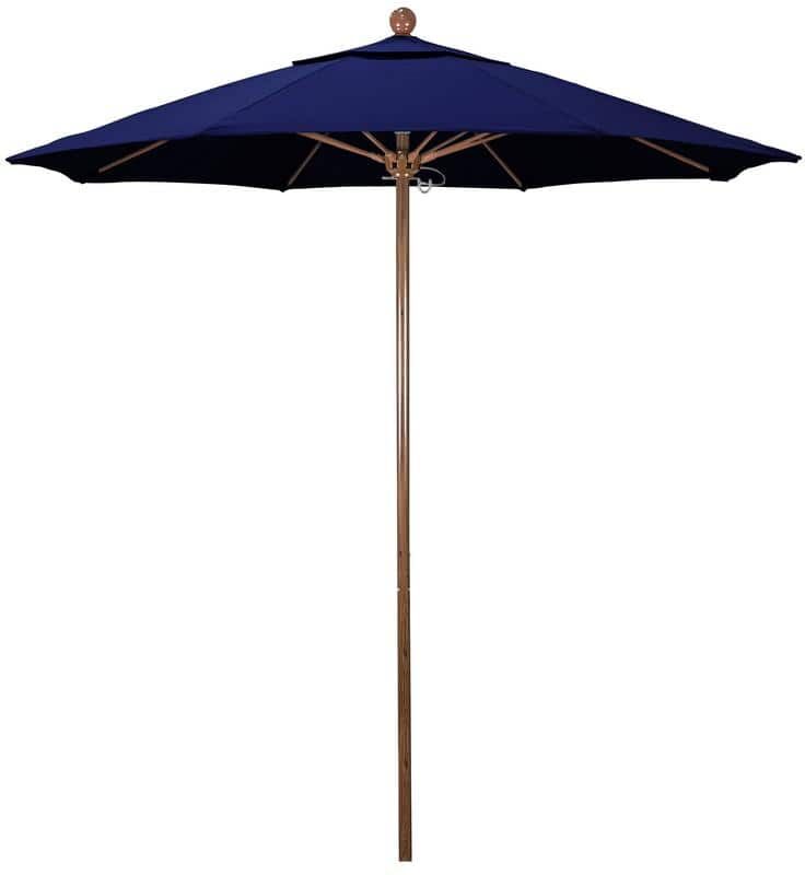 California Umbrella 7.5 ft. Woodgrain Aluminum Commercial Market Patio Umbrella Fiberglass Ribs and Push Lift in True Blue Sunbrella