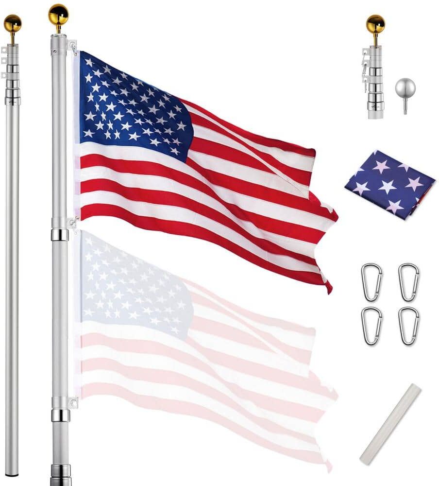 25 ft. Telescopic Aluminum Flag Pole 16 Gauge Fly 2 Flags 3 ft. x 5 ft. US Flag Ball Top Kit Telescoping Flagpole