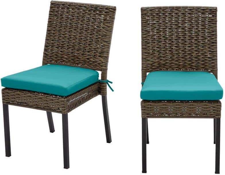 Hampton Bay Laguna Point Brown 2-Piece Wicker Outdoor Patio Dining Chair with Sunbrella Peacock Blue-Green Cushions