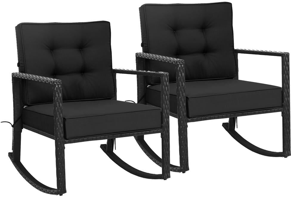 Costway 2-Pieces Patio Rattan Rocker Chair Outdoor Glider Rocking Chair Cushion Lawn Black