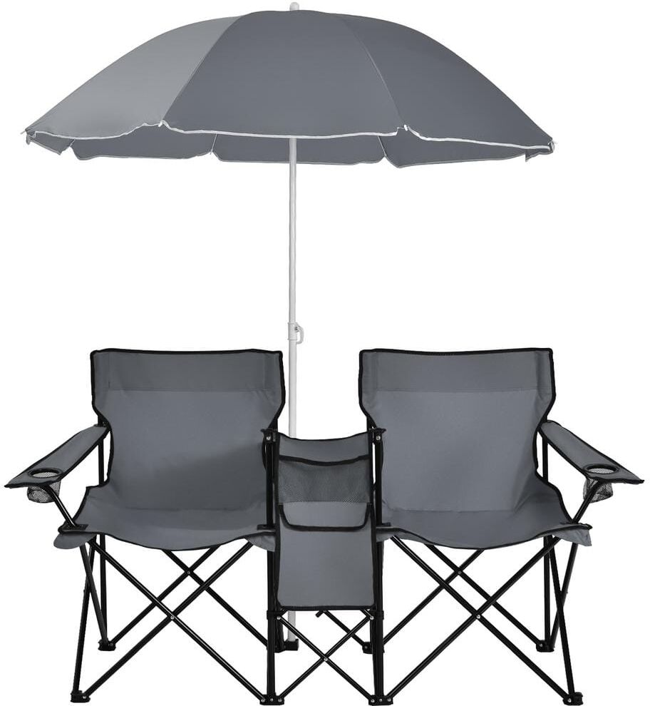 Costway Portable Folding Gray Metal Picnic Double Chair With Umbrella Table Cooler Beach Camping