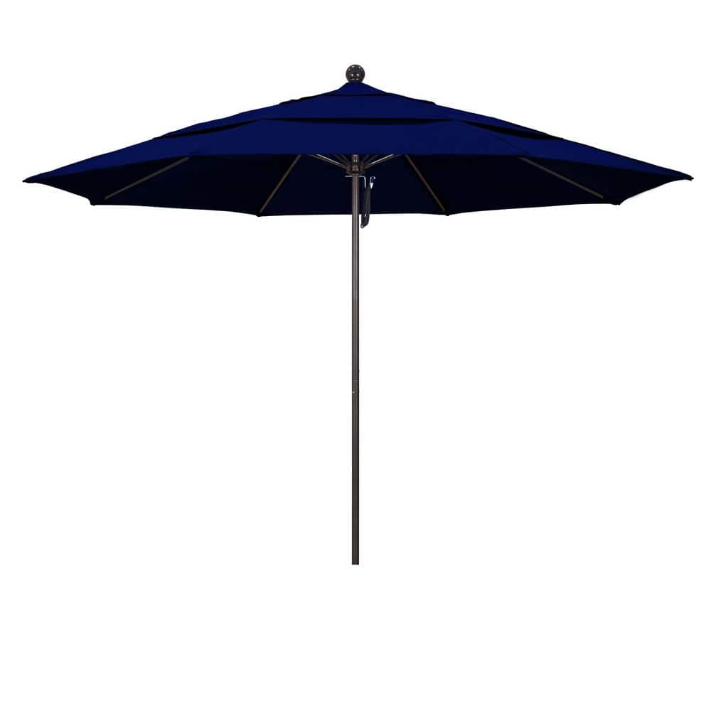 California Umbrella 11 ft. Bronze Aluminum Commercial Market Patio Umbrella with Fiberglass Ribs and Pulley Lift in True Blue Sunbrella