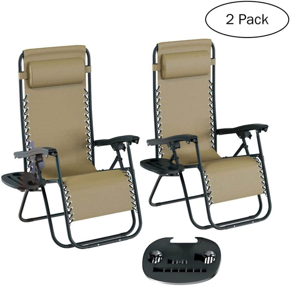 Zero Gravity Reclining Metal Frame Outdoor Lounge Chairs Featuring Pillows and a Cell Phone Holder (Set of 2 Chairs)