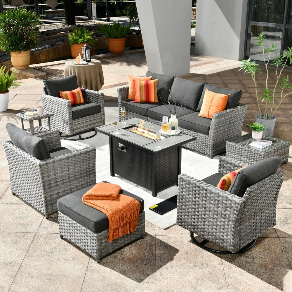 Hanes Gray 10-Piece Wicker Patio Fire Pit Sectional Seating Set with Black Cushions and Swivel Rocking Chairs
