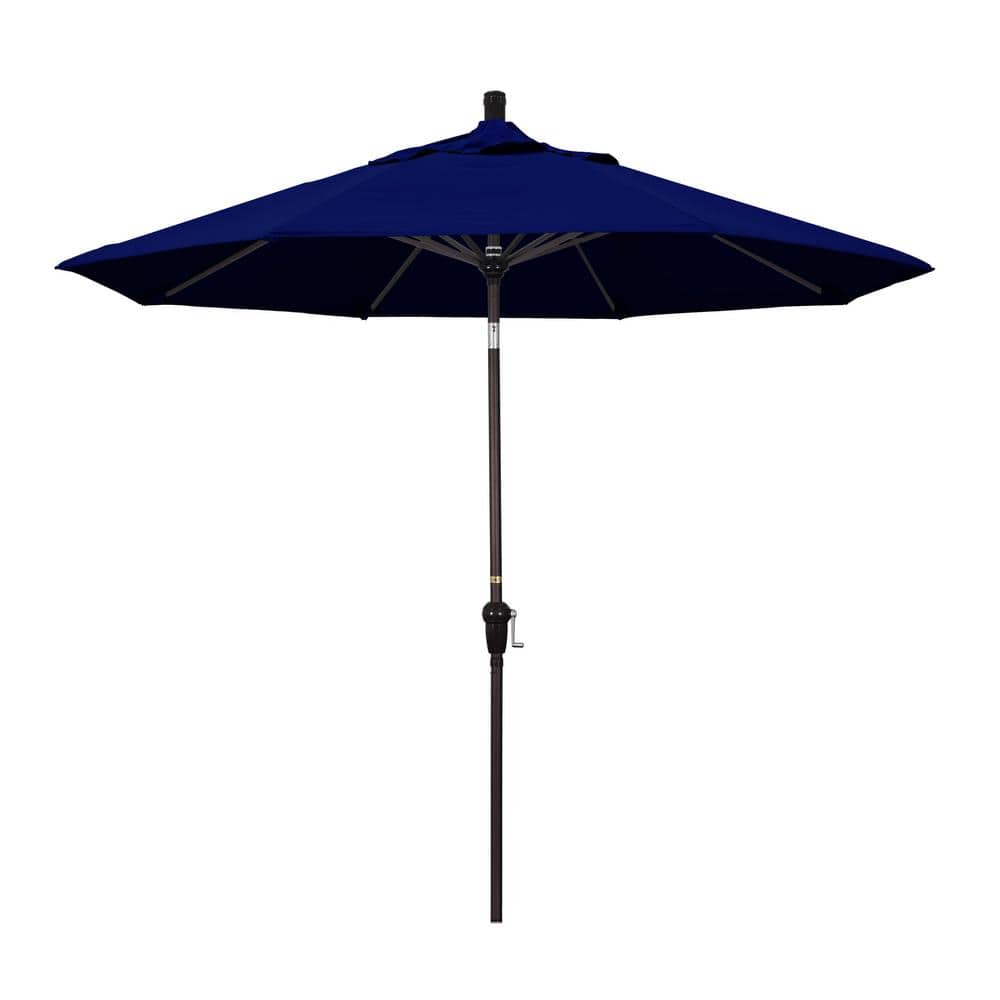 California Umbrella 9 ft. Bronze Aluminum Market Auto-tilt Crank Lift Patio Umbrella in True Blue Sunbrella
