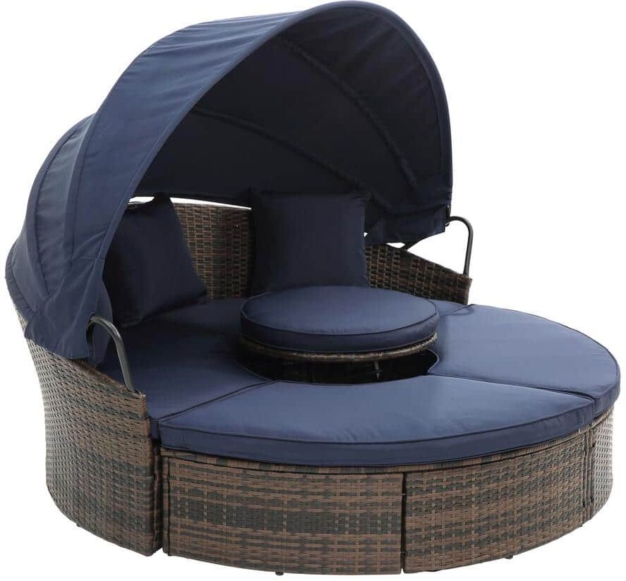 Boosicavelly Black Steel Frame is Covered with Brown Wicker Rattan Outdoor Day Bed Navy Blue Cushions