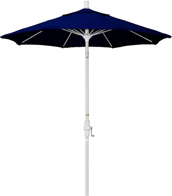 California Umbrella 7.5 ft. Matted White Aluminum Market Collar Tilt Patio Umbrella Fiberglass Ribs and in True Blue Sunbrella